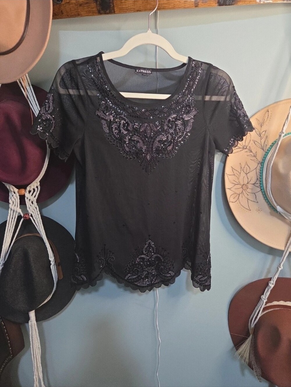 Express Black Embellished Sheer Short Sleeve Top